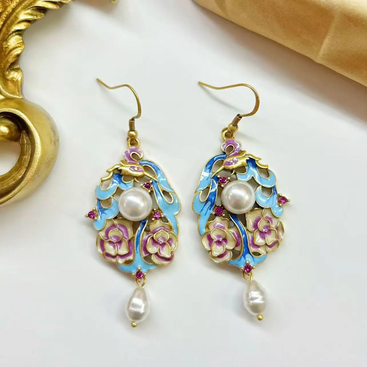 Boucles d'oreilles de style cour, émail cloisonné, oiseau coloré, style national