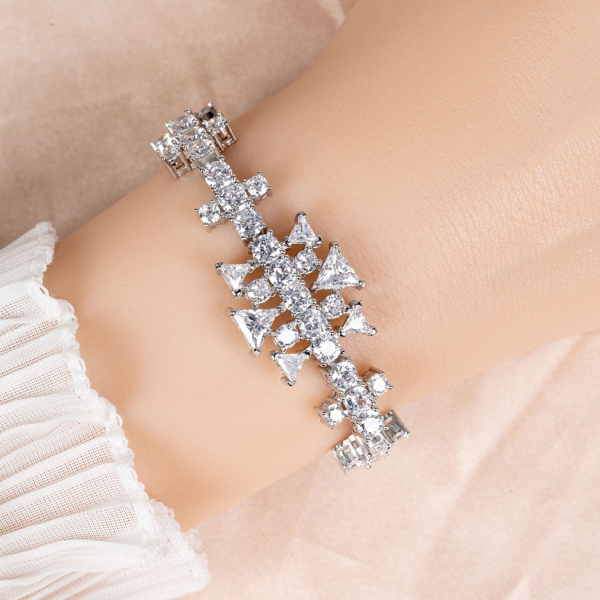 Luxury Pink and White Crystal Bracelet – Geometric Statement Jewelry for Women