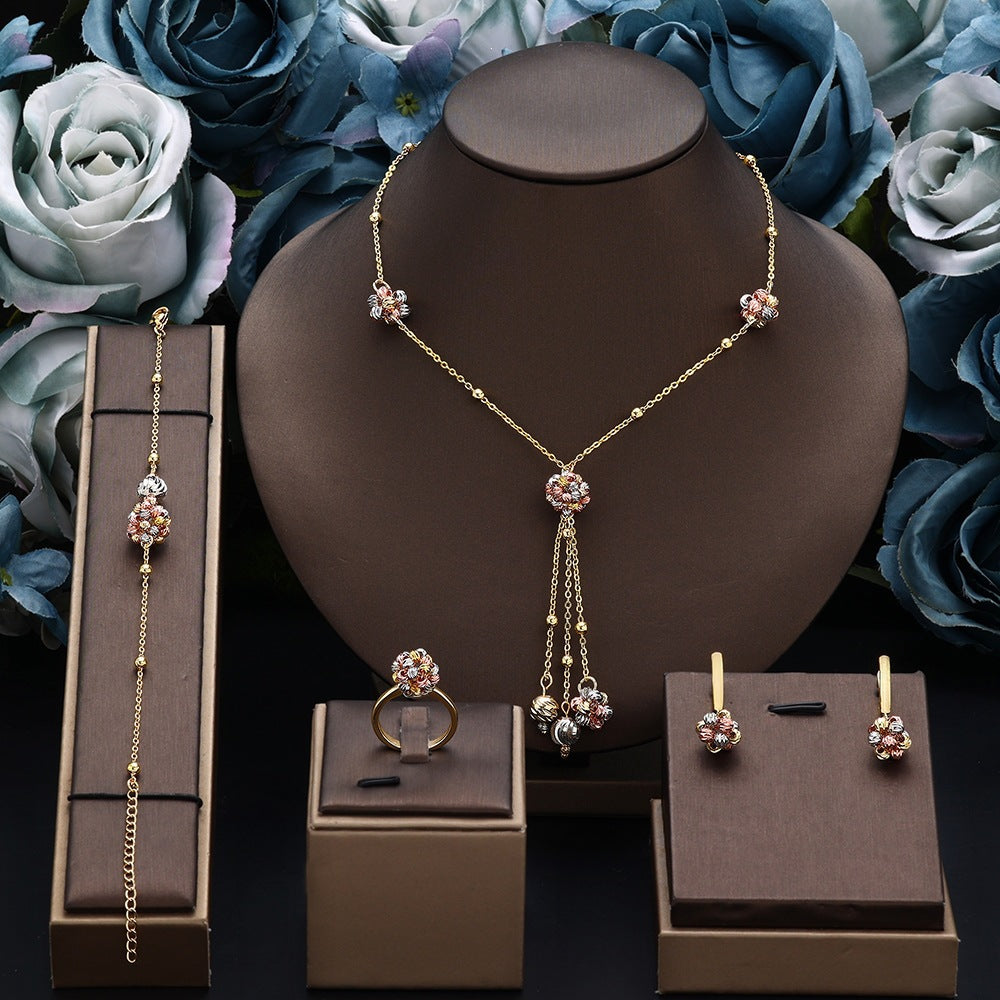 Luxury Gold Floral Tassel Jewelry Set – Necklace Earrings Bracelet Ring for Women