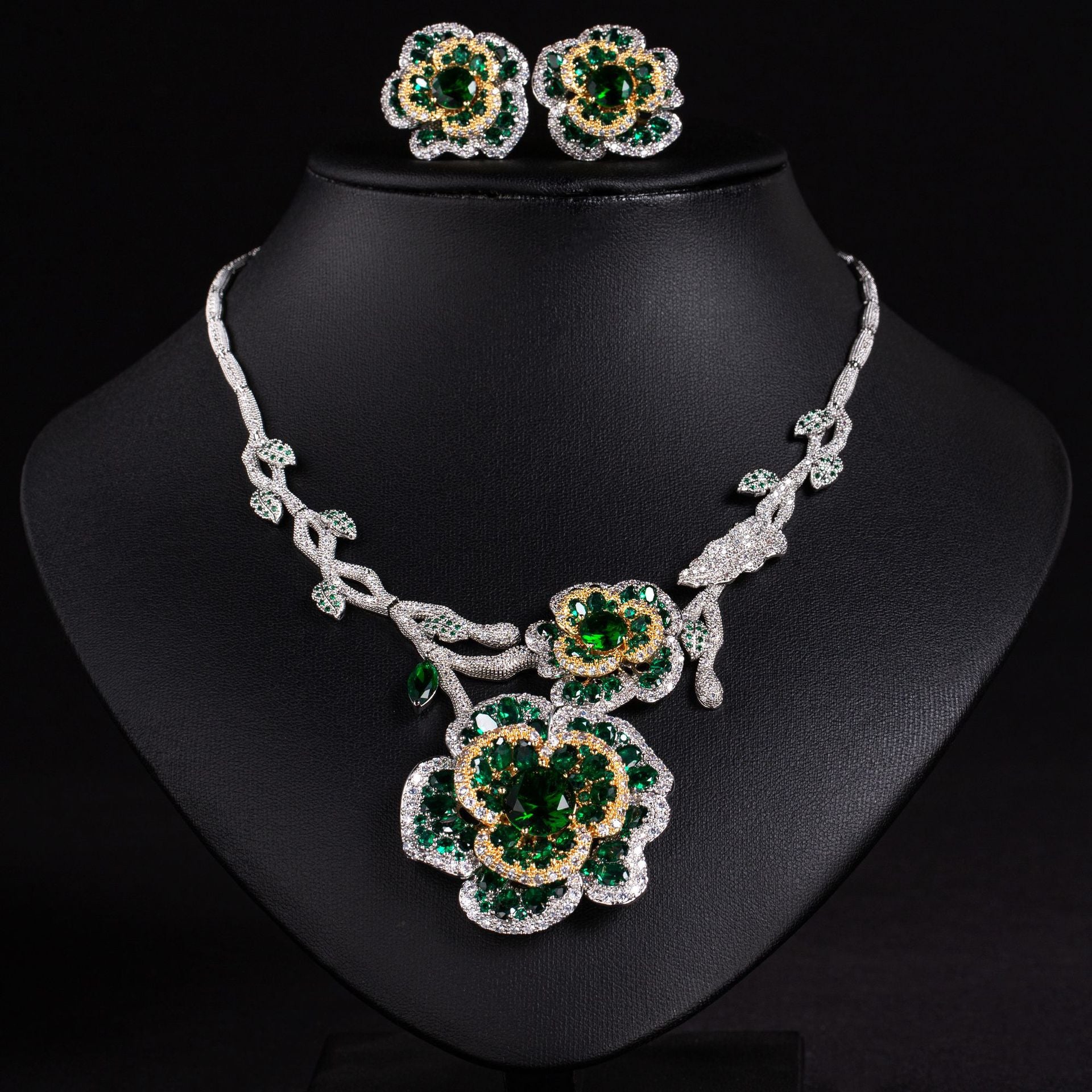 Luxury Red Crystal Floral Necklace and Earrings Set for Evening Gala