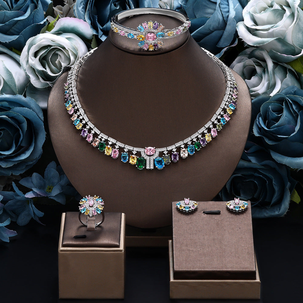 Luxury Rainbow Crystal Statement Jewelry Set – Necklace Earrings Ring Bridal Set