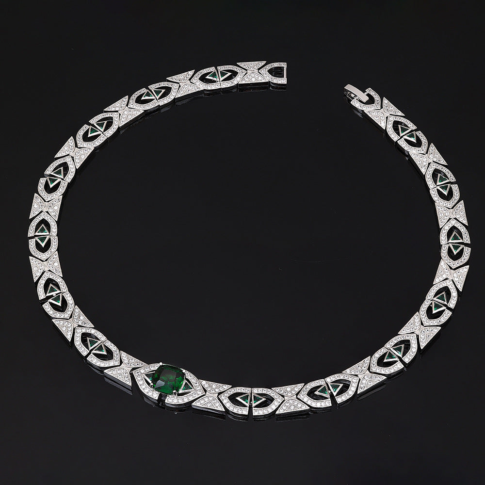Luxury Green Crystal Geometric Necklace Set Silver Tone Statement Jewelry Set Earrings for Women