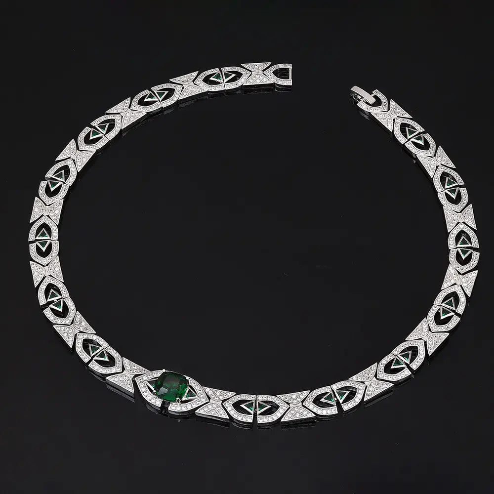 Luxury Green Crystal Geometric Necklace Set Silver Tone Statement Jewelry Set Earrings for Women
