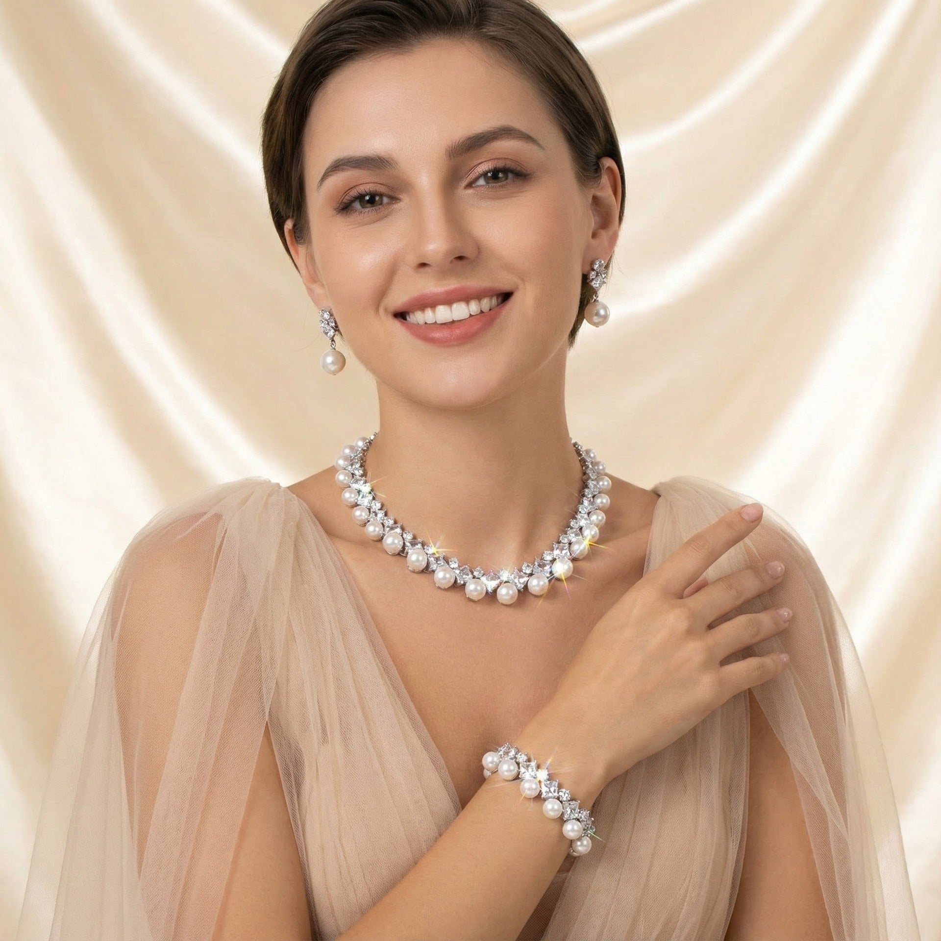 Fashion Versatile Wedding Jewelry Pearl Necklace Earrings Set