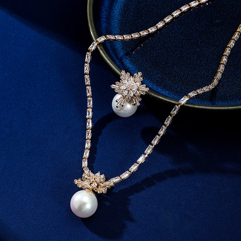 High-end pearl zircon snowflake necklace earrings set