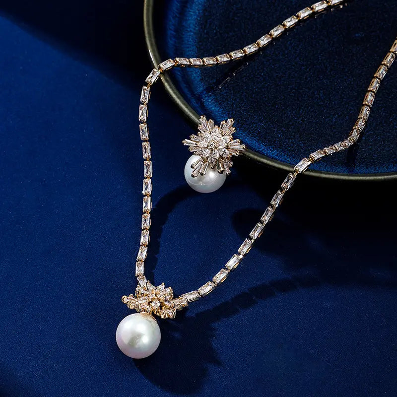 Parure de boucles d'oreilles et collier flocon de neige zircon perles haut de gamme