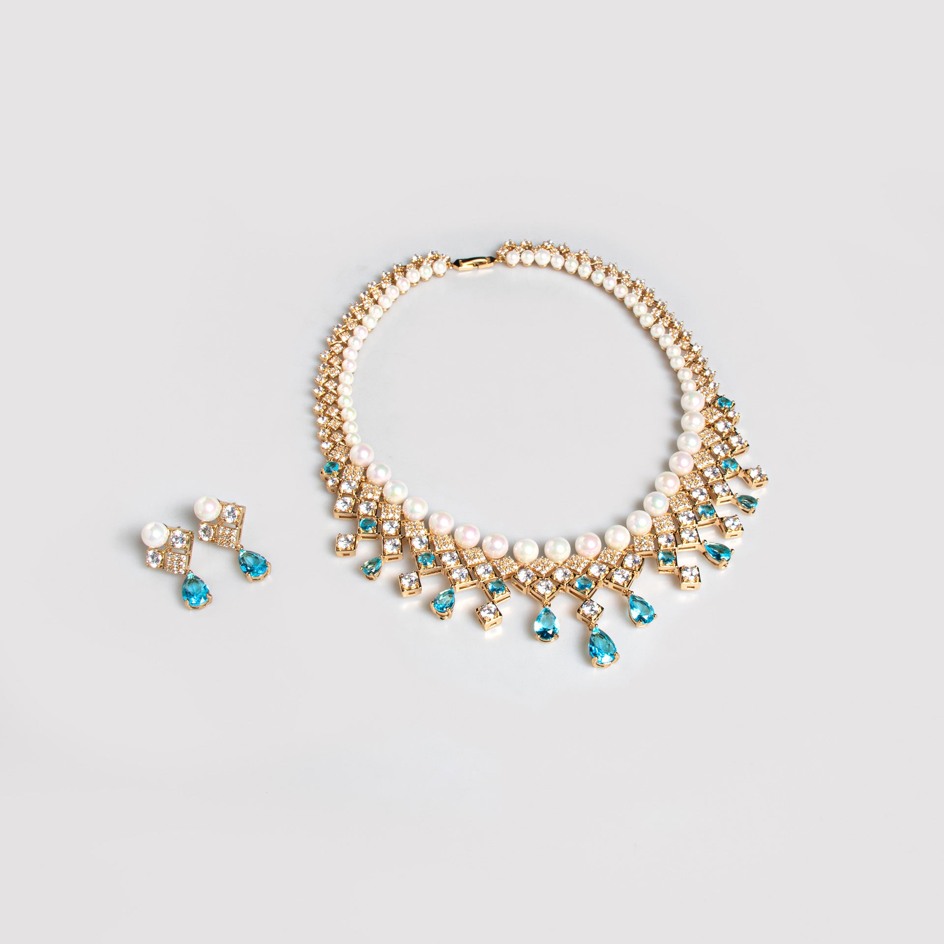 Luxury Pearl Blue Crystal Necklace and Earrings Jewelry Set for Women