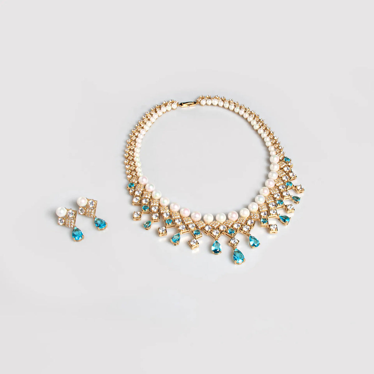 Parure de bijoux de luxe en perles et cristaux bleus pour femme