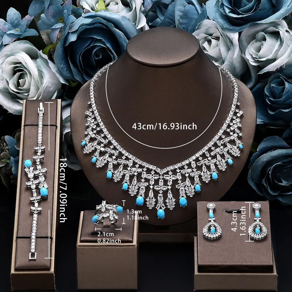 Luxury Silver Crystal Turquoise Blue Jewelry Set Necklace Earrings Ring Bracelet Bridal Wedding Statement Set for Women