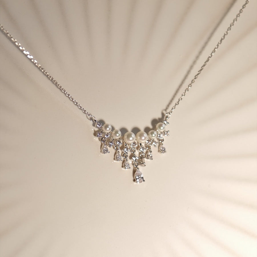 S925 Sterling Silver Water Drop Fringed Pearl Necklace