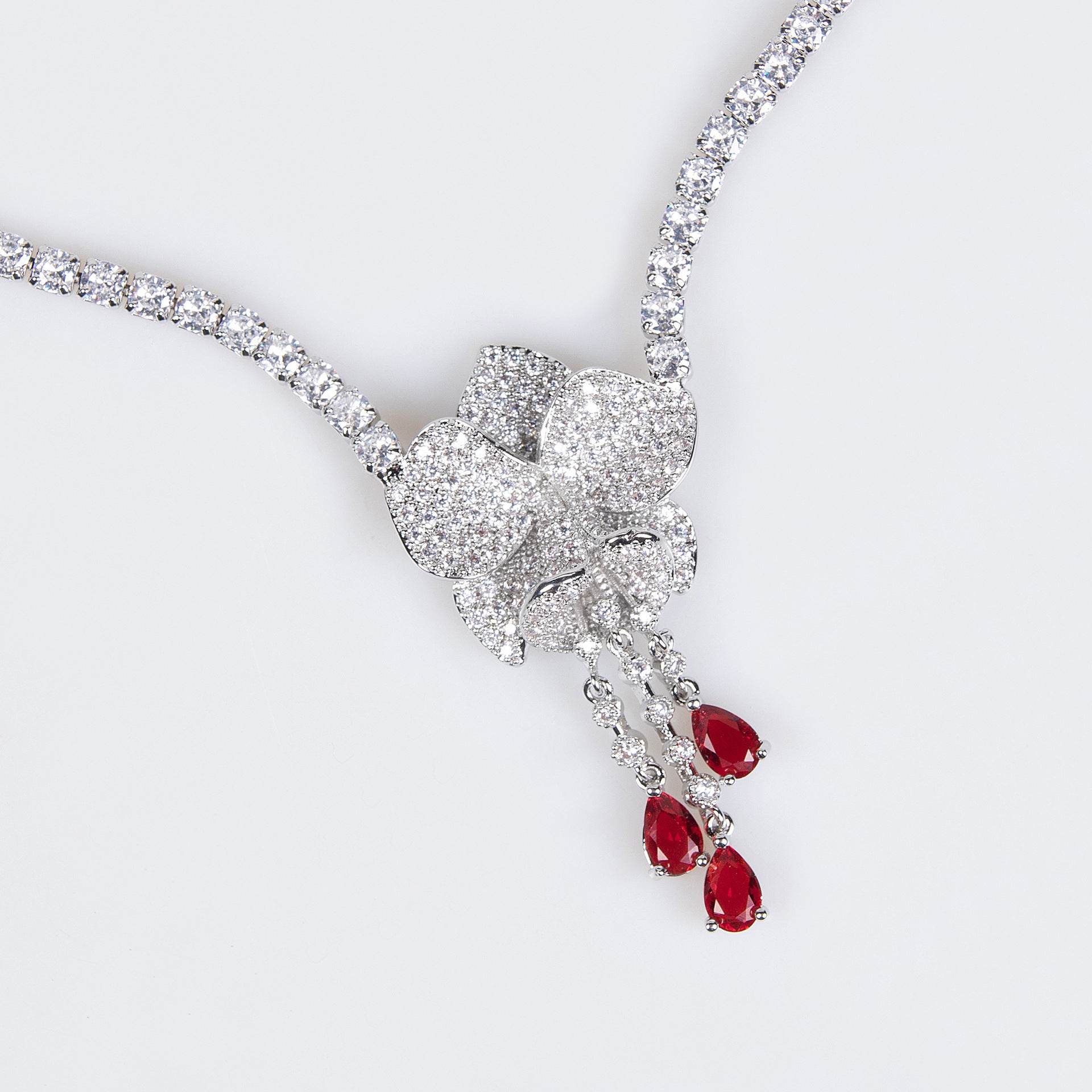 Luxury Silver Flower Ruby Drop Necklace Earrings Set – Elegant Jewelry for Women