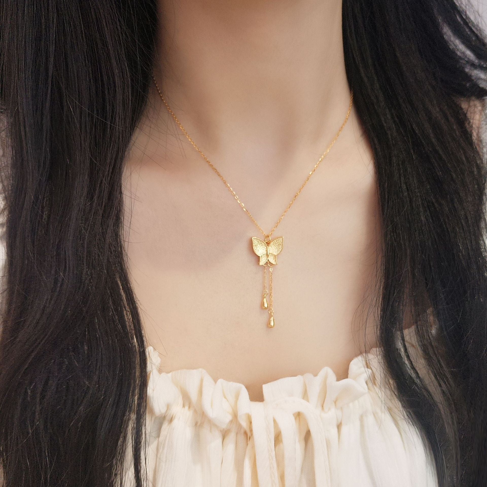 S925 sterling silver water drop fringed butterfly necklace