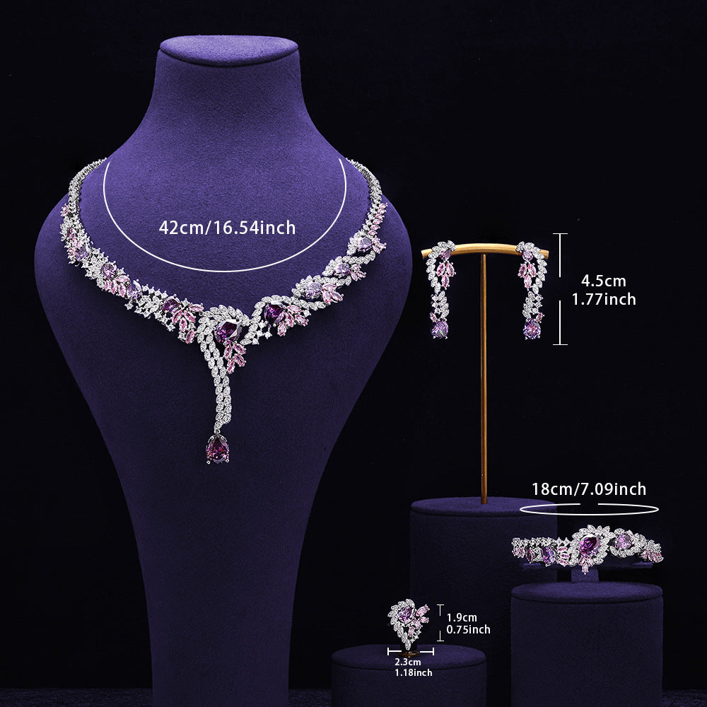 Luxury Purple Pink Crystal Bridal Jewelry Set – Necklace Earrings Ring Statement Set