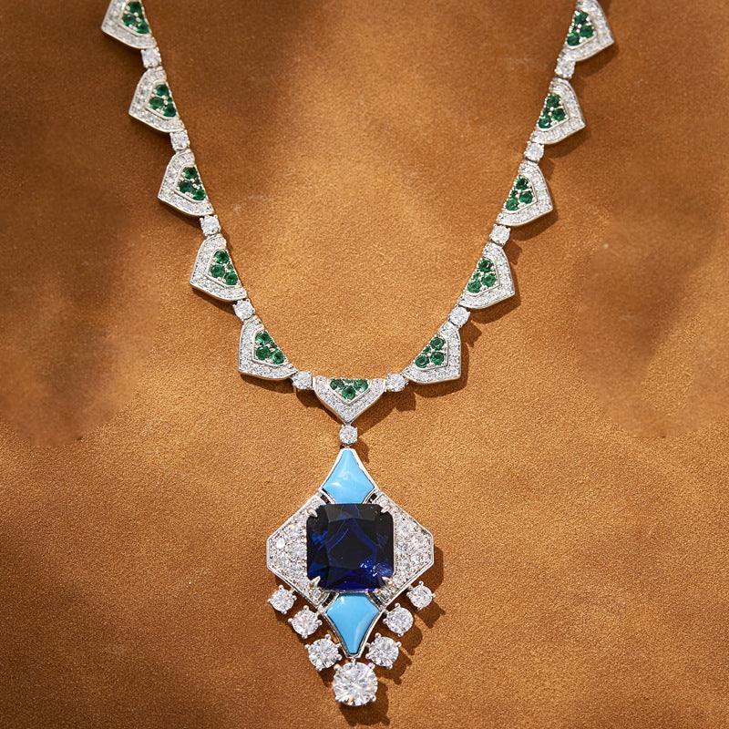 Gold-plated blue square gemstone necklace