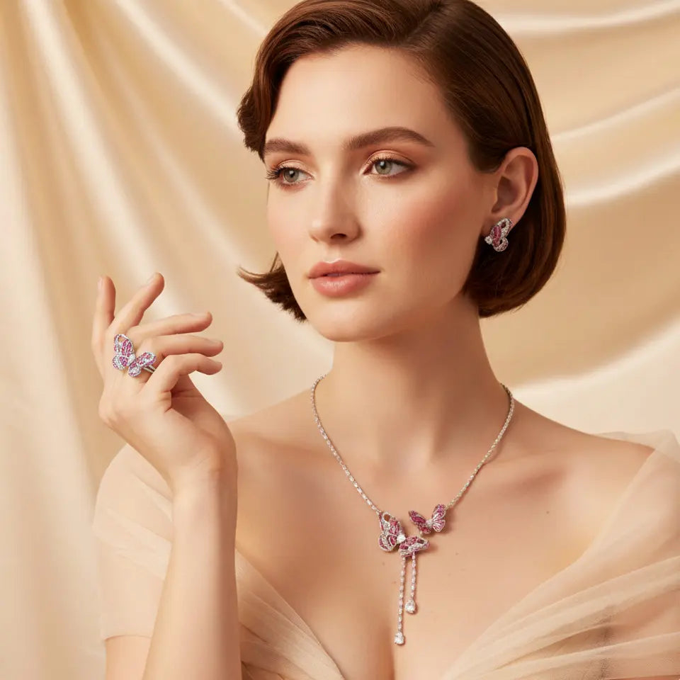 Luxury Purple Butterfly Crystal Necklace Earrings Ring Jewelry Set