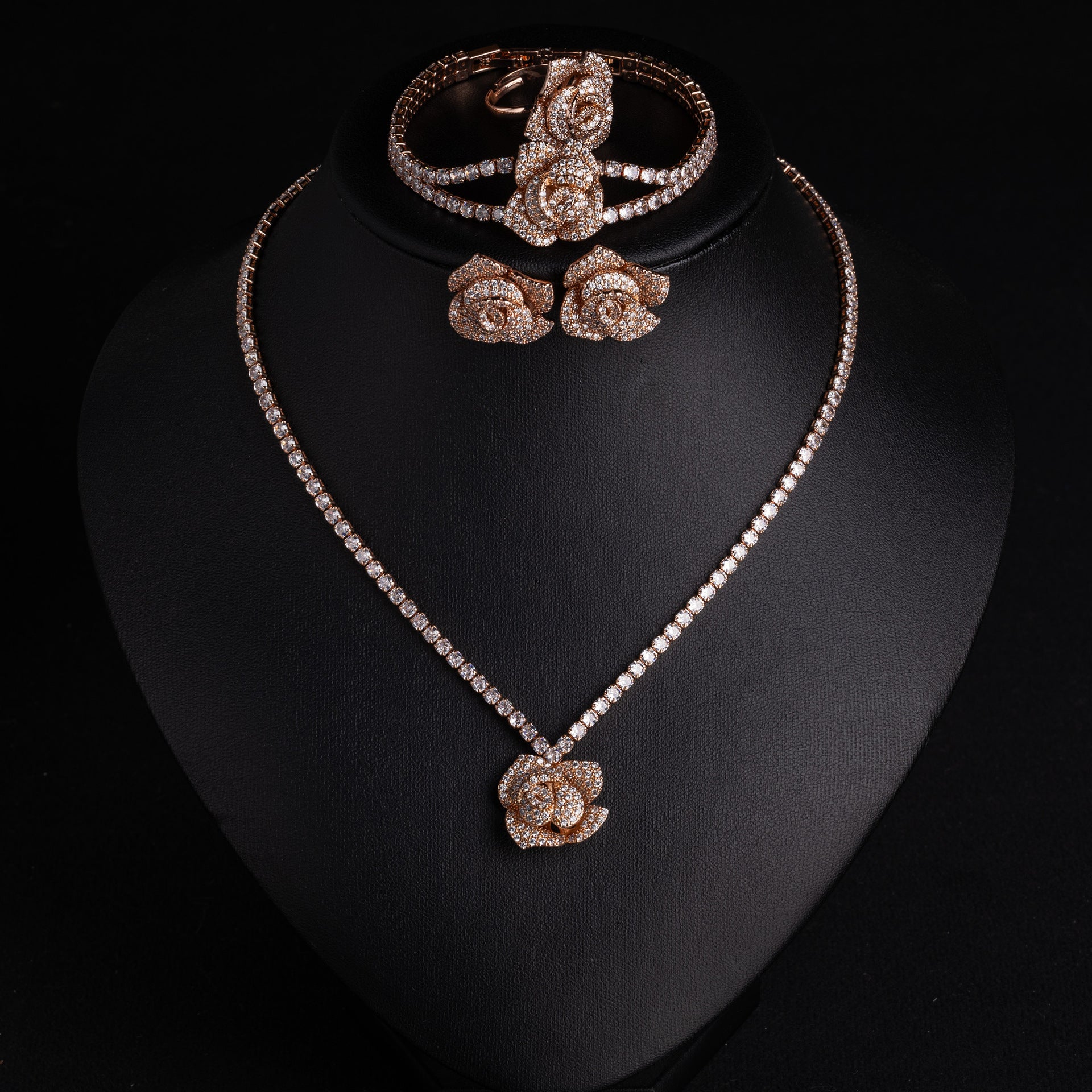 Luxury Rose Gold Crystal Rose Jewelry Set – Necklace Earrings Bracelet Ring for Women