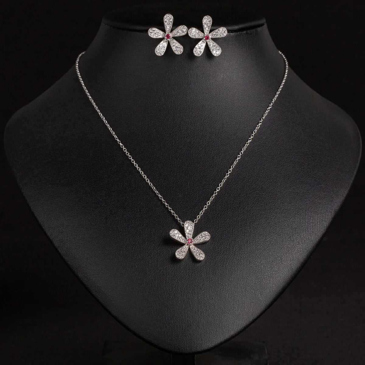 Elegant Silver Floral Crystal Necklace and Earrings Jewelry Set