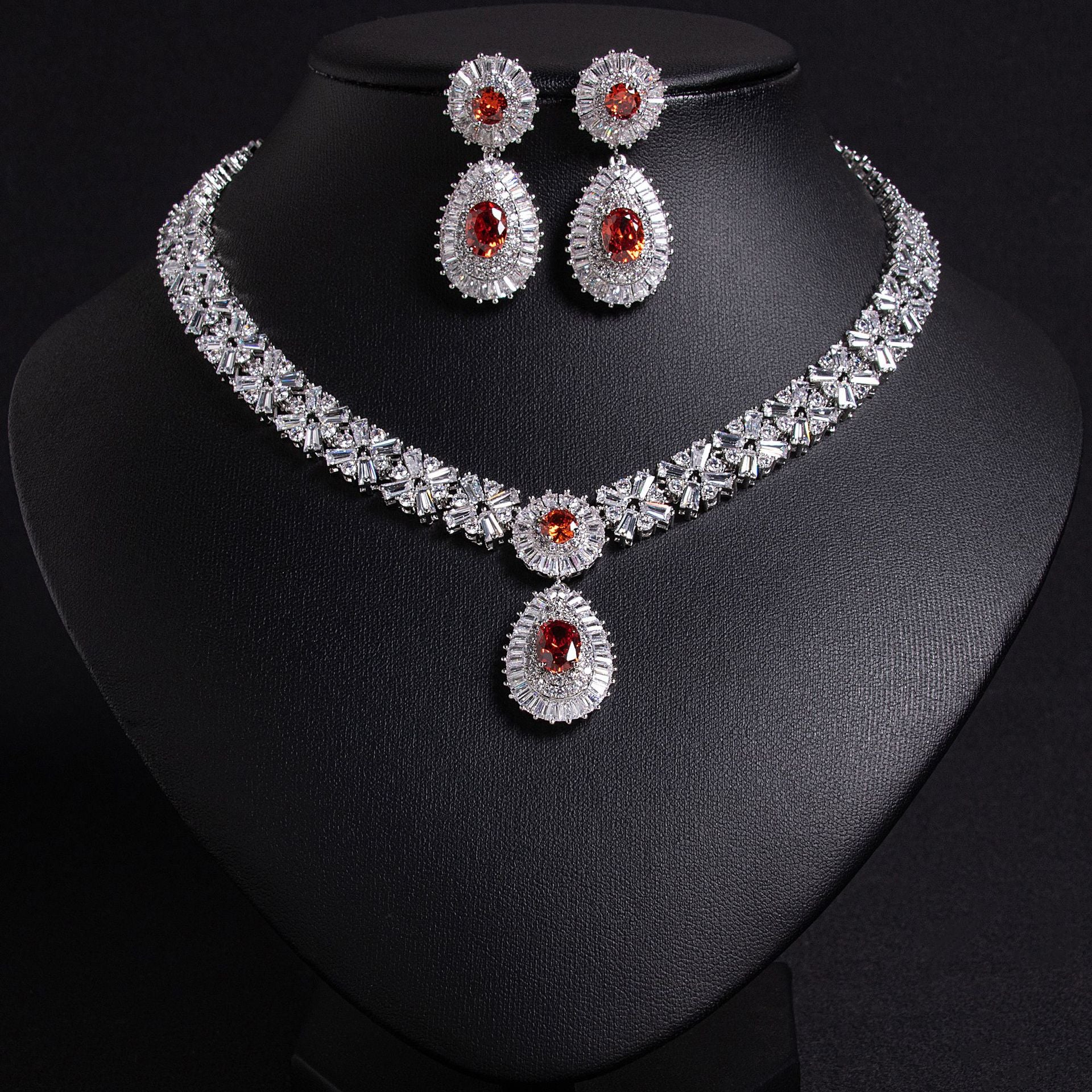 Luxury Red Crystal Statement Necklace Set – Bridal Wedding Jewelry for Women