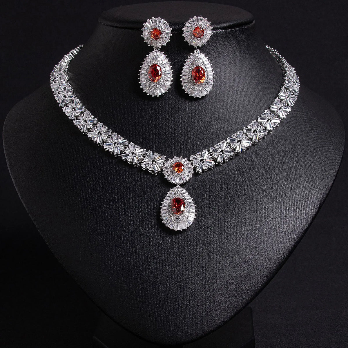 Ensemble collier de déclaration de luxe en cristal rouge – Bijoux de mariage nuptial pour femmes
