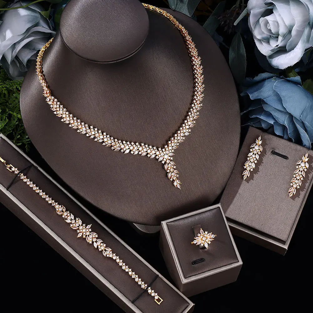 Luxury Gold Crystal Necklace Earrings Bracelet Ring Jewelry Set