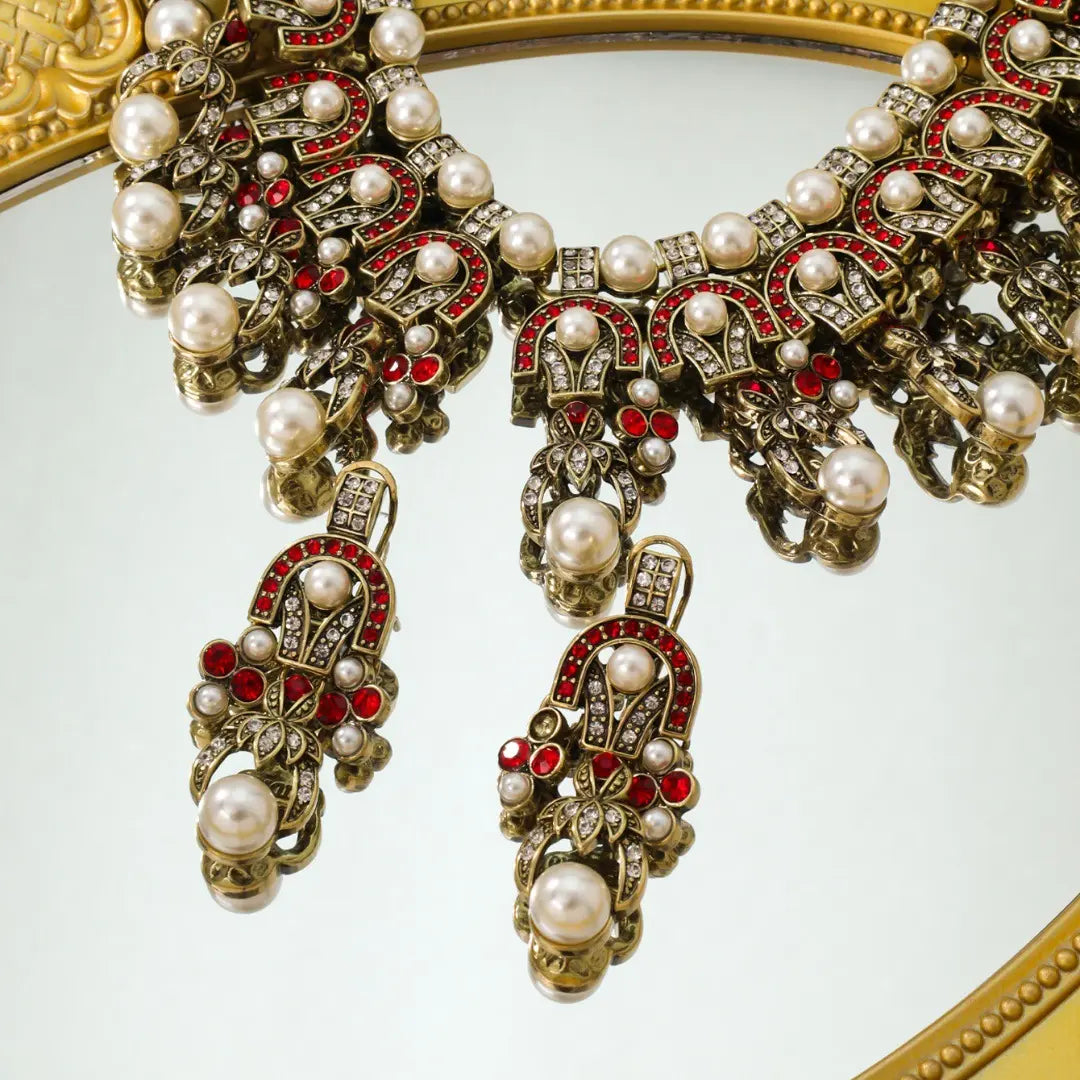 Boucles d'oreilles collier à franges de perles, ensemble médiéval, boucles d'oreilles collier