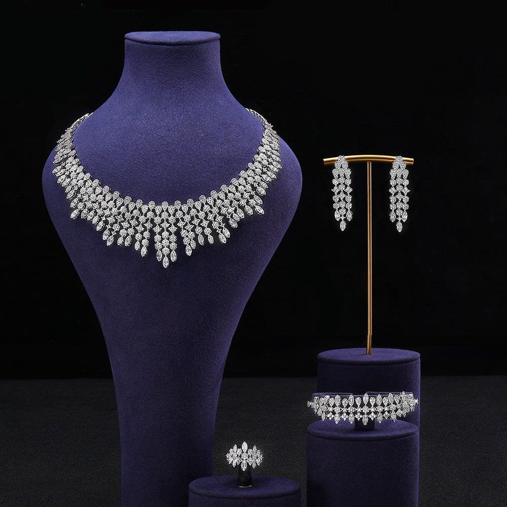 Luxury Crystal Fringe Necklace Set Silver Tone Statement Jewelry Set Earrings Ring Bridal Wedding Jewelry for Women
