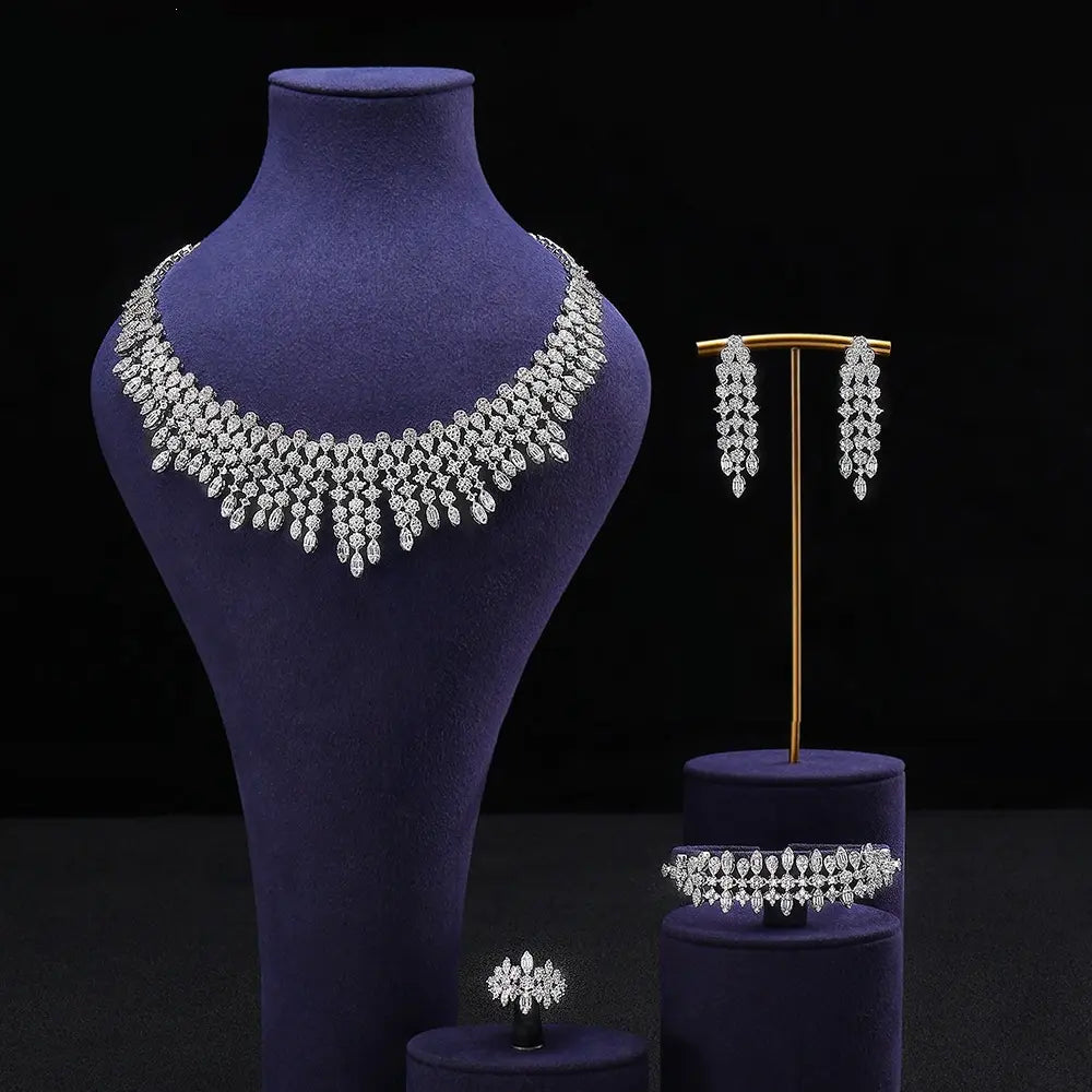 Luxury Crystal Fringe Necklace Set Silver Tone Statement Jewelry Set Earrings Ring Bridal Wedding Jewelry for Women