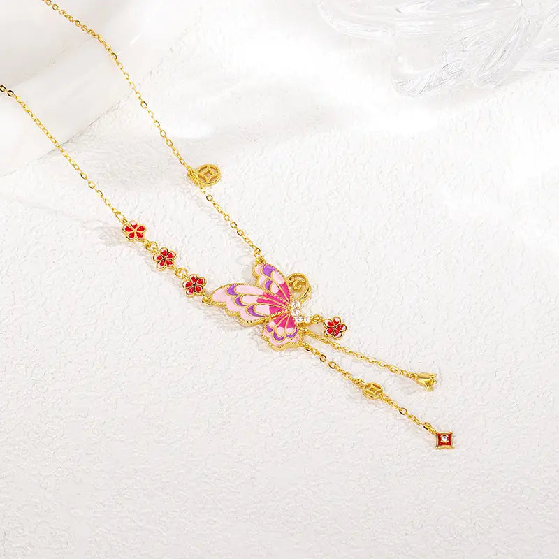 Collier papillon rose en émail et argent sterling S925 avec franges