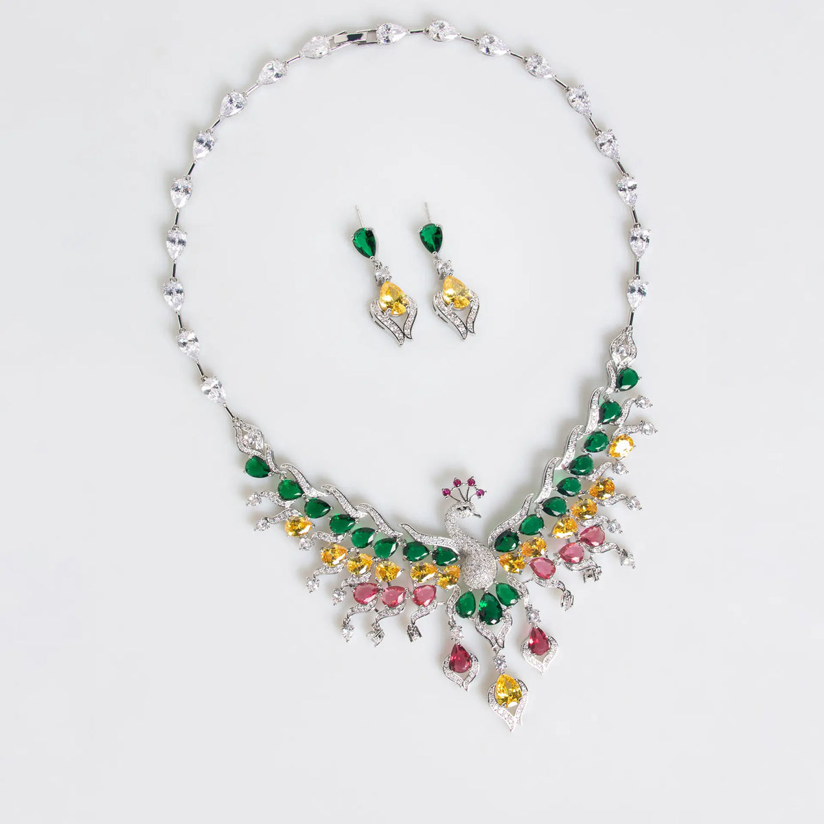 Luxury Multicolor Peacock Crystal Necklace and Earrings Jewelry Set