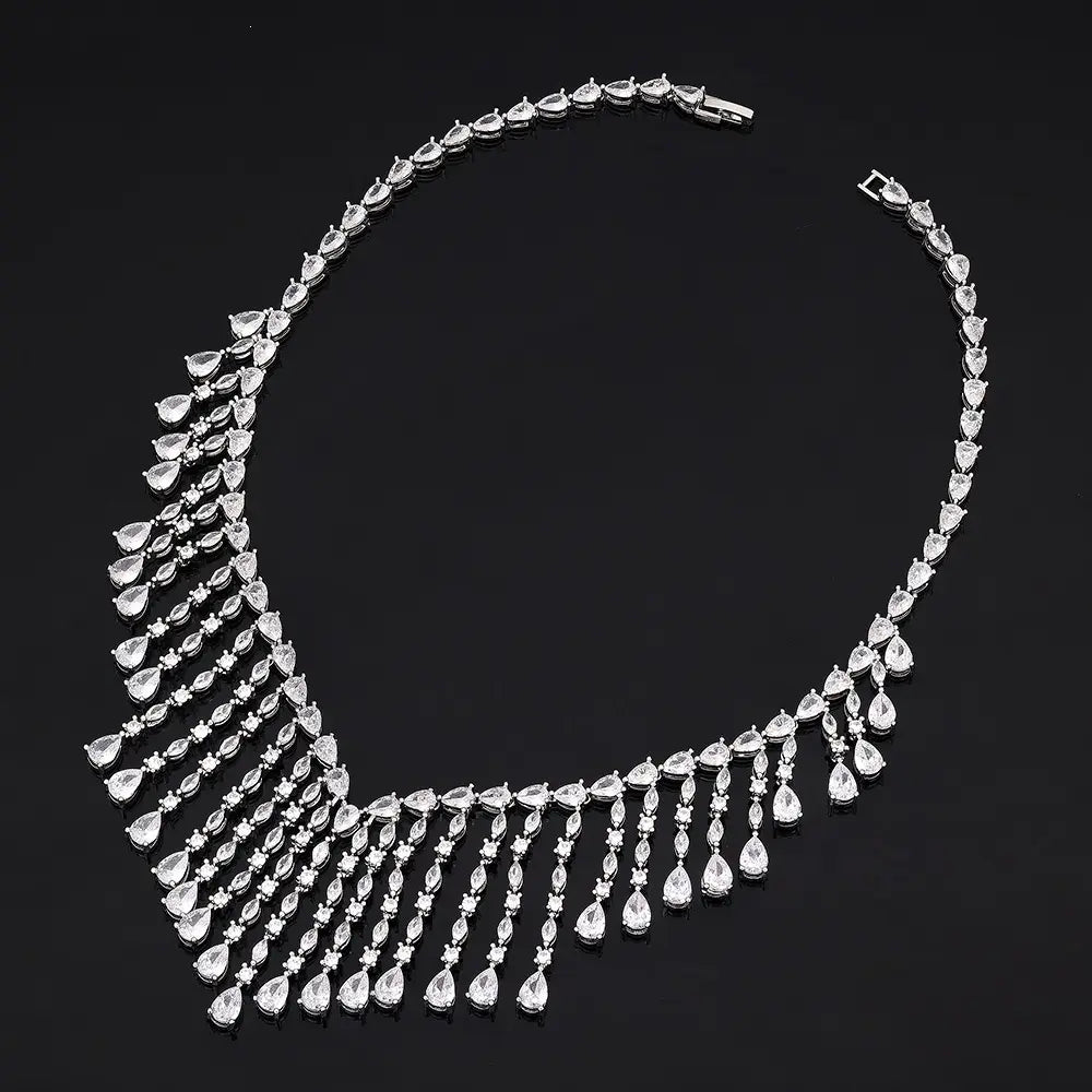 Luxury Silver Crystal Fringe Necklace Set Earrings Ring Bracelet Bridal Wedding Statement Jewelry for Women Elegant Sparkling Set