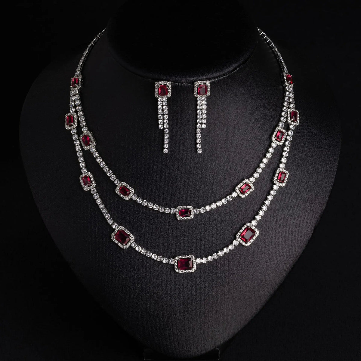 Luxury Ruby Crystal Necklace Earrings Set – Sparkling Silver Statement Jewelry