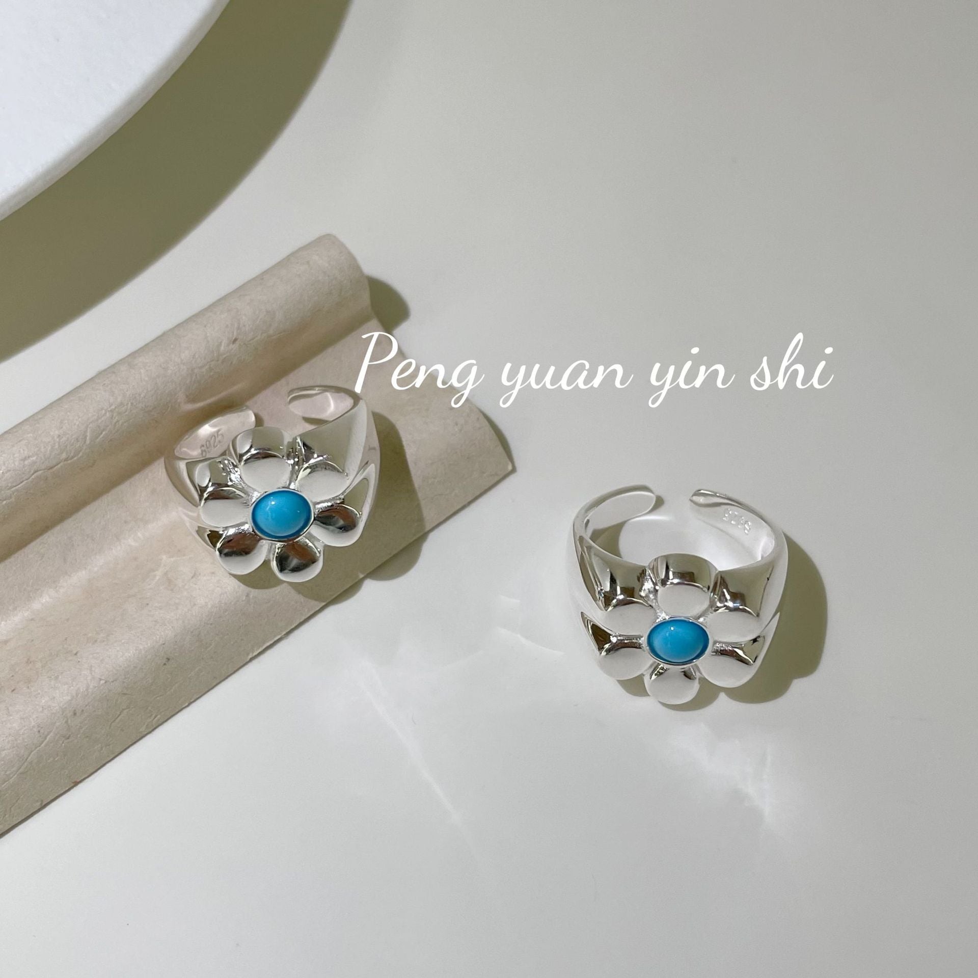 S925 Sterling Silver Blue Turquoise Daisy Ring