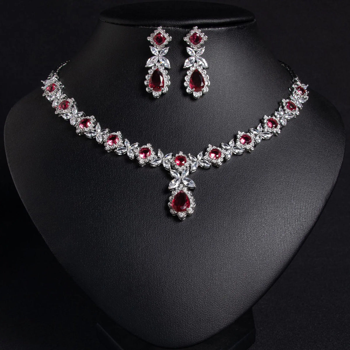 Luxury Ruby Teardrop Necklace Set – Floral Crystal Earrings Jewelry