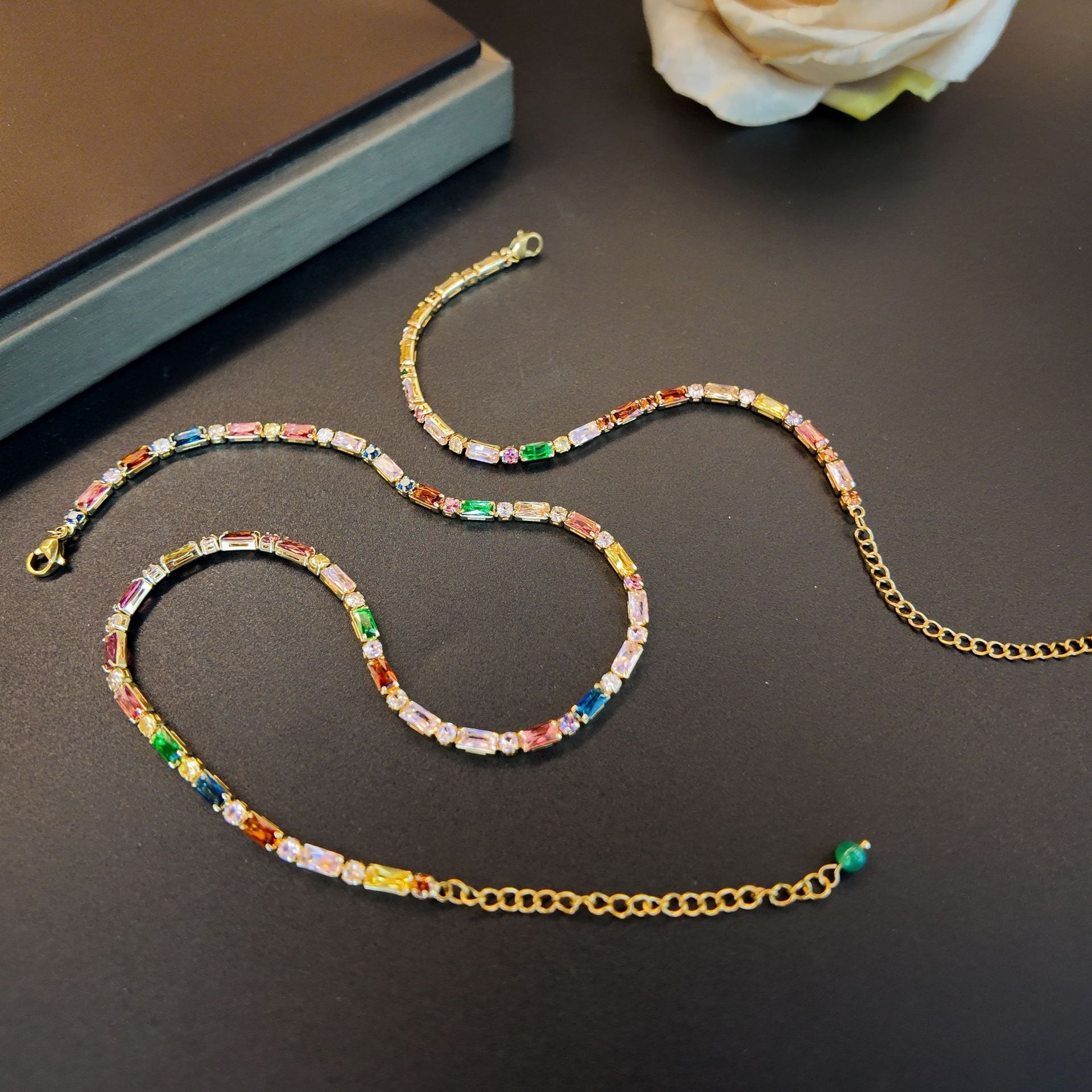 Light Luxury Rainbow Gem Bracelet Necklace Set