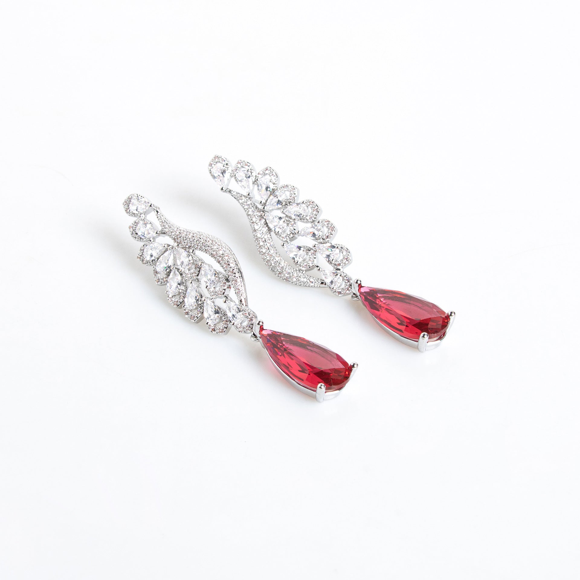 Elegant Ruby Red Teardrop Jewelry Set – Silver Crystal Necklace Earrings