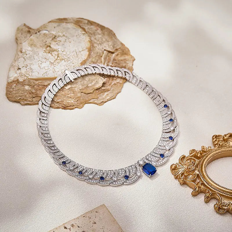Blue Sapphire Crystal Necklace and Earrings Set Luxury Jewelry for Women Elegant Party Set