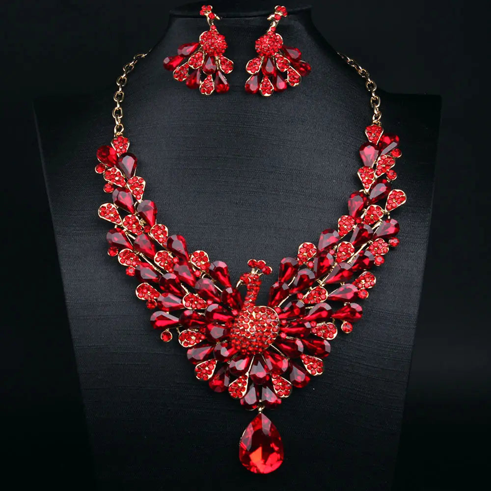 Luxury Emerald Green Peacock Crystal Necklace and Earrings Jewelry Set