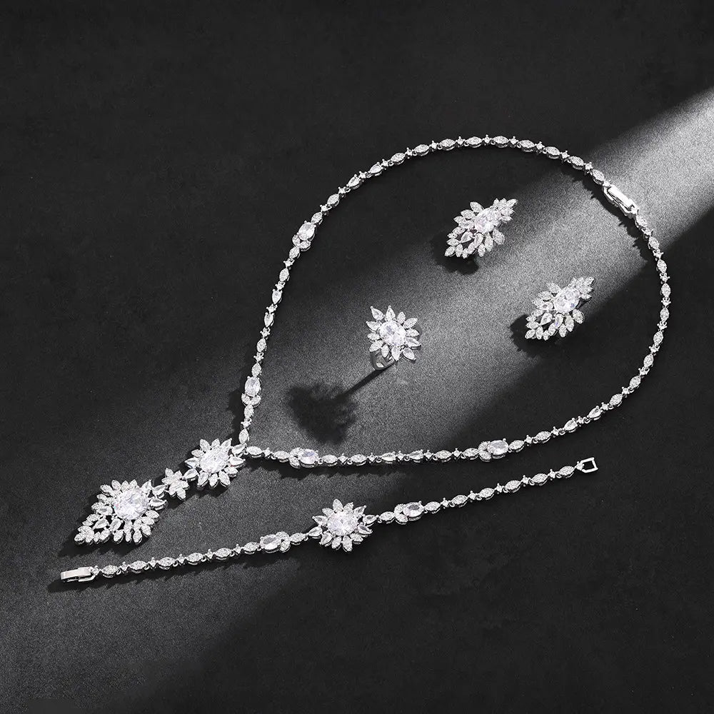 Luxury Floral Crystal Jewelry Set Orange Green Zircon Necklace Earrings Ring Silver Plated Statement Set for Women