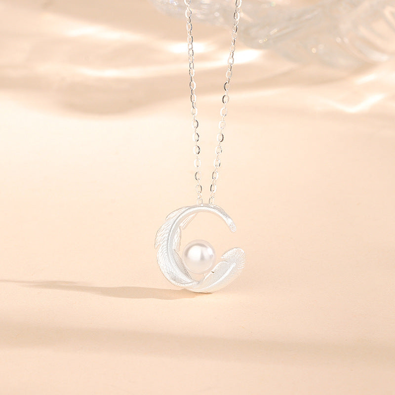 S925 Sterling Silver Gold Plated Feather Pearl Necklace