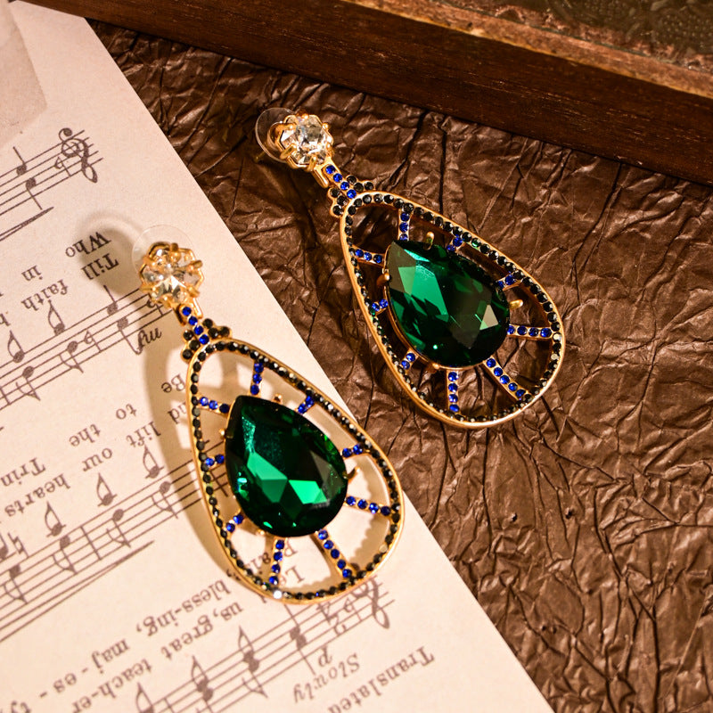 Premium malachite green rhinestone hollow water drop stud earrings