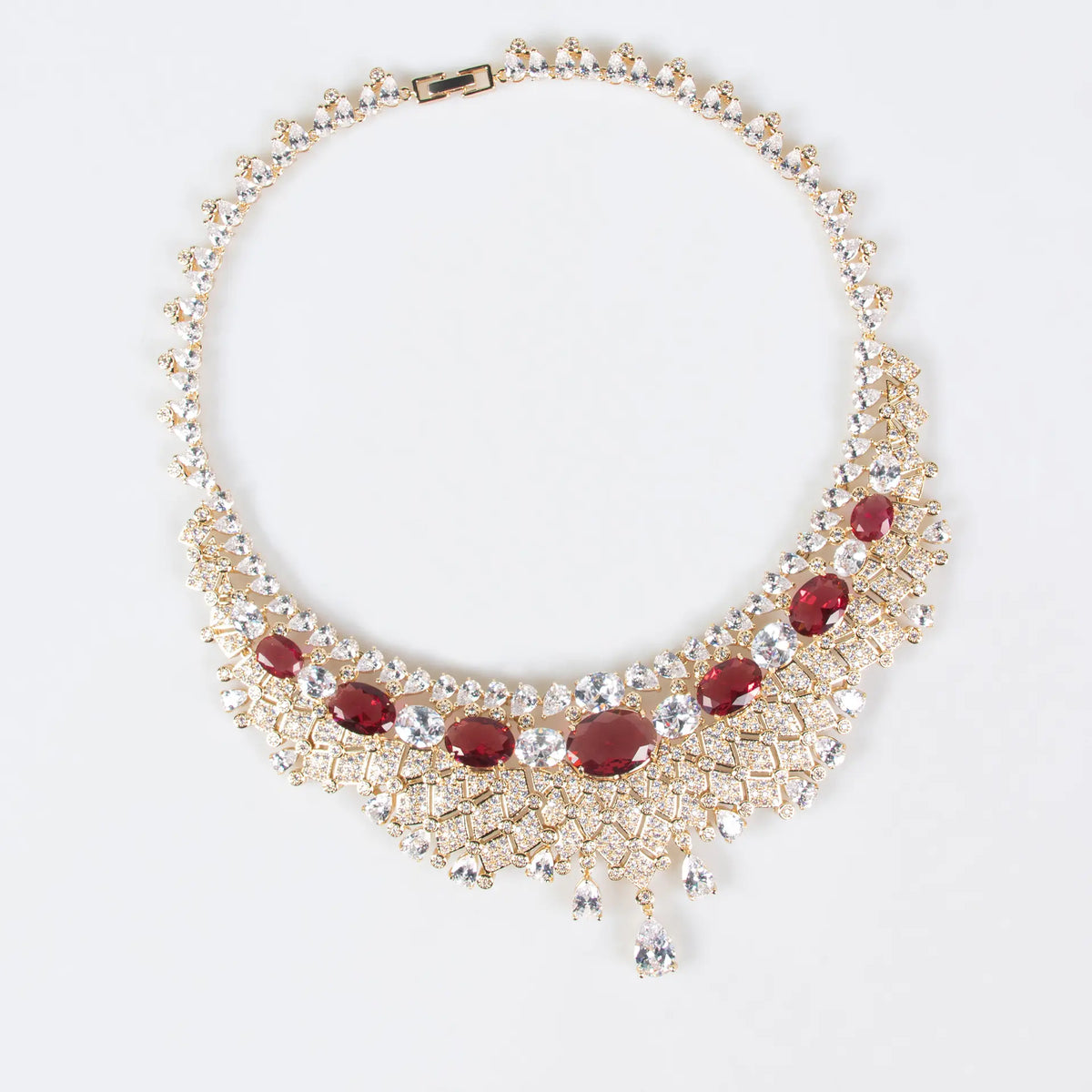 Luxury Ruby Red Crystal Statement Necklace and Earrings Jewelry Set