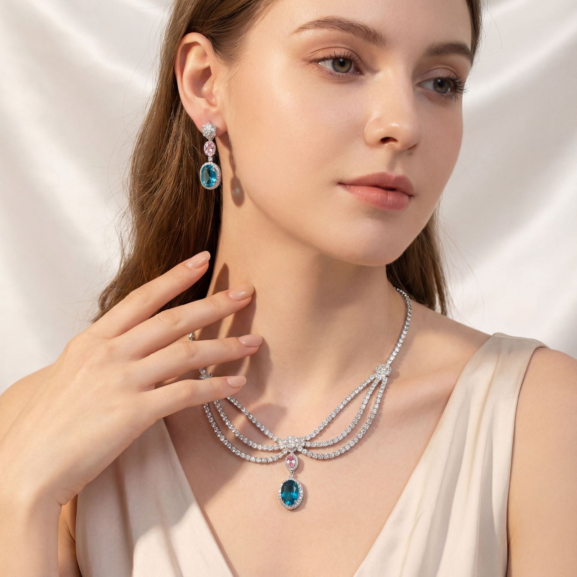 Luxury Yellow Gemstone Triple-Strand Necklace Set for Women – Crystal Jewelry with Matching Earrings