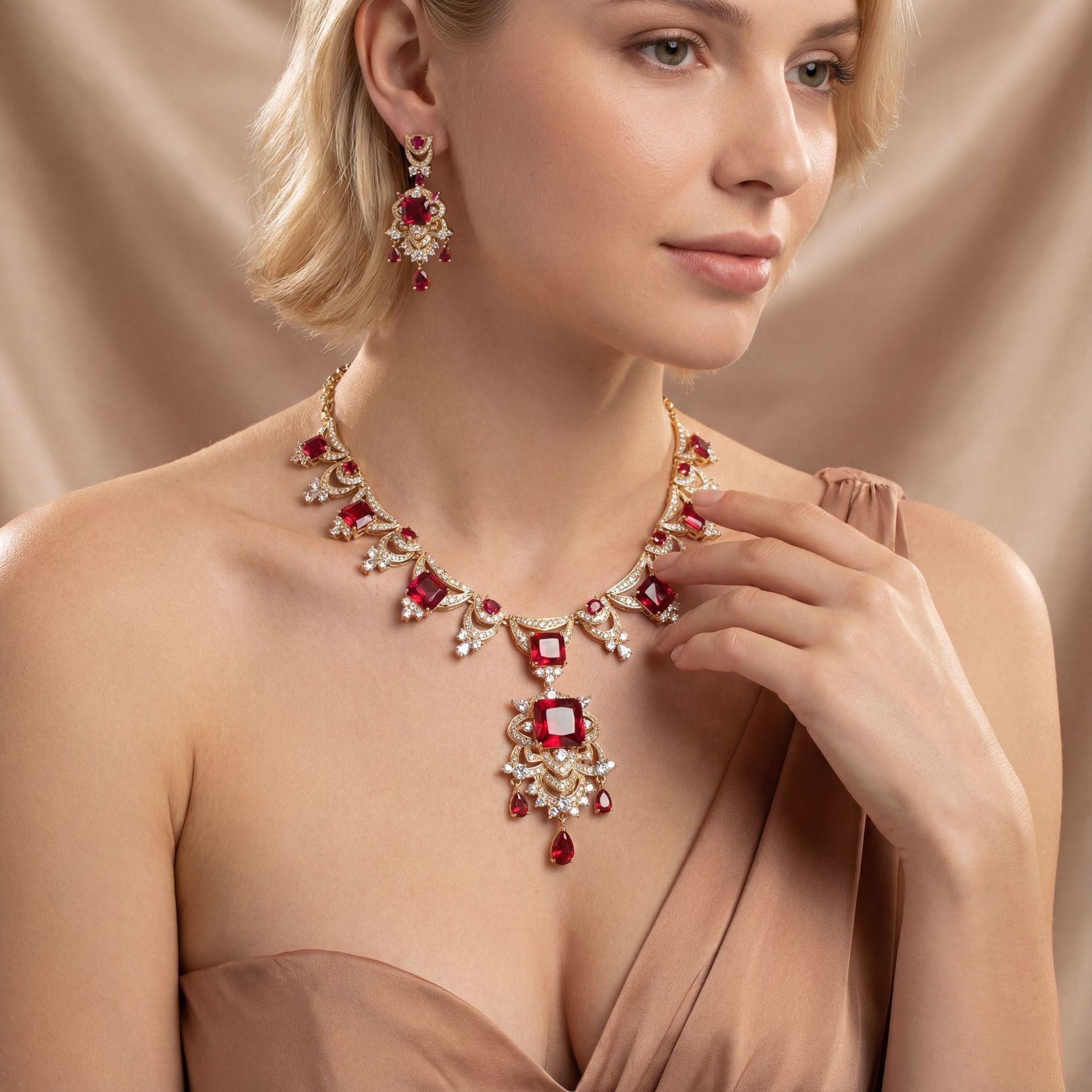 Luxury Red Crystal Statement Necklace & Earrings Jewelry Set for Women