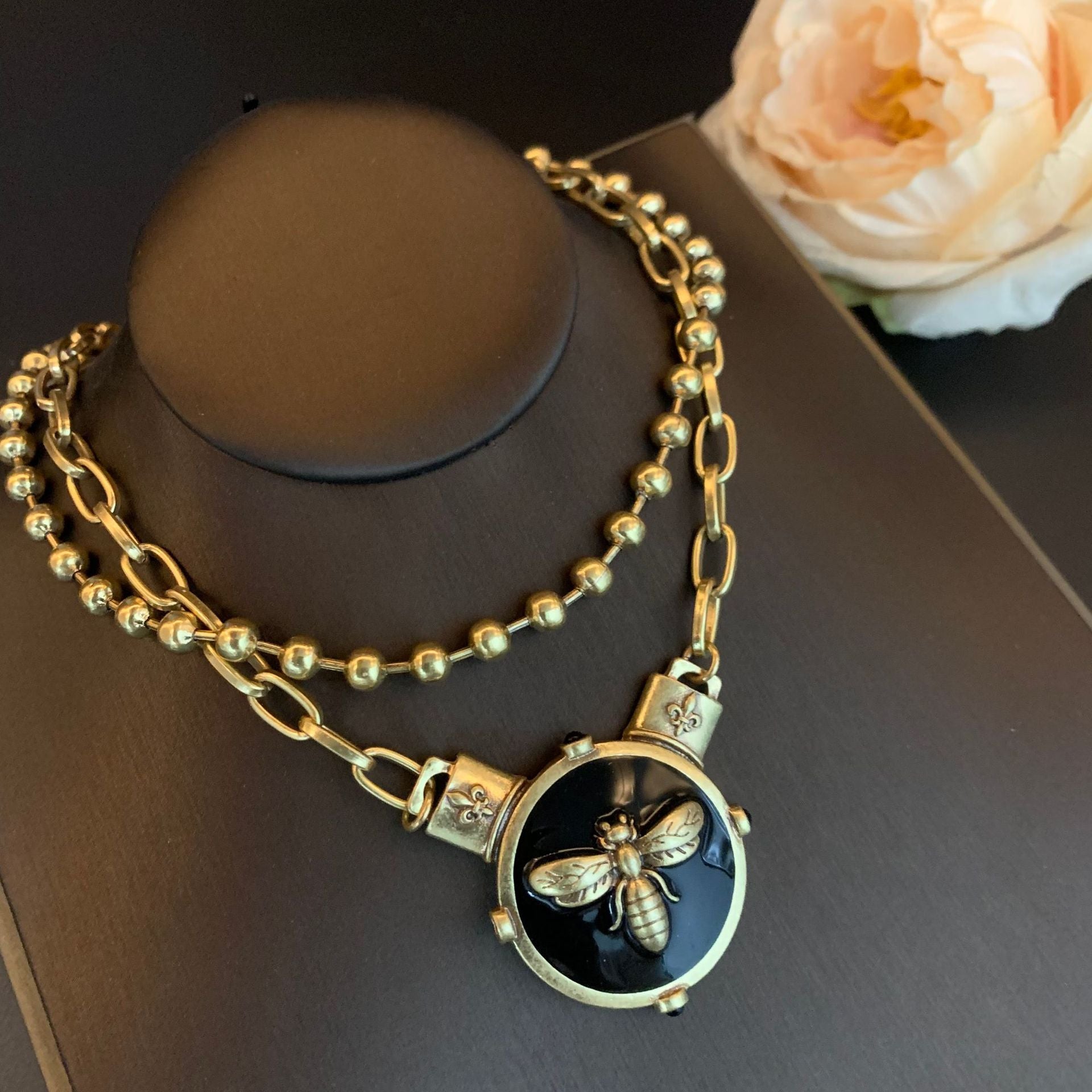 Vintage Gold Double Bee Necklace