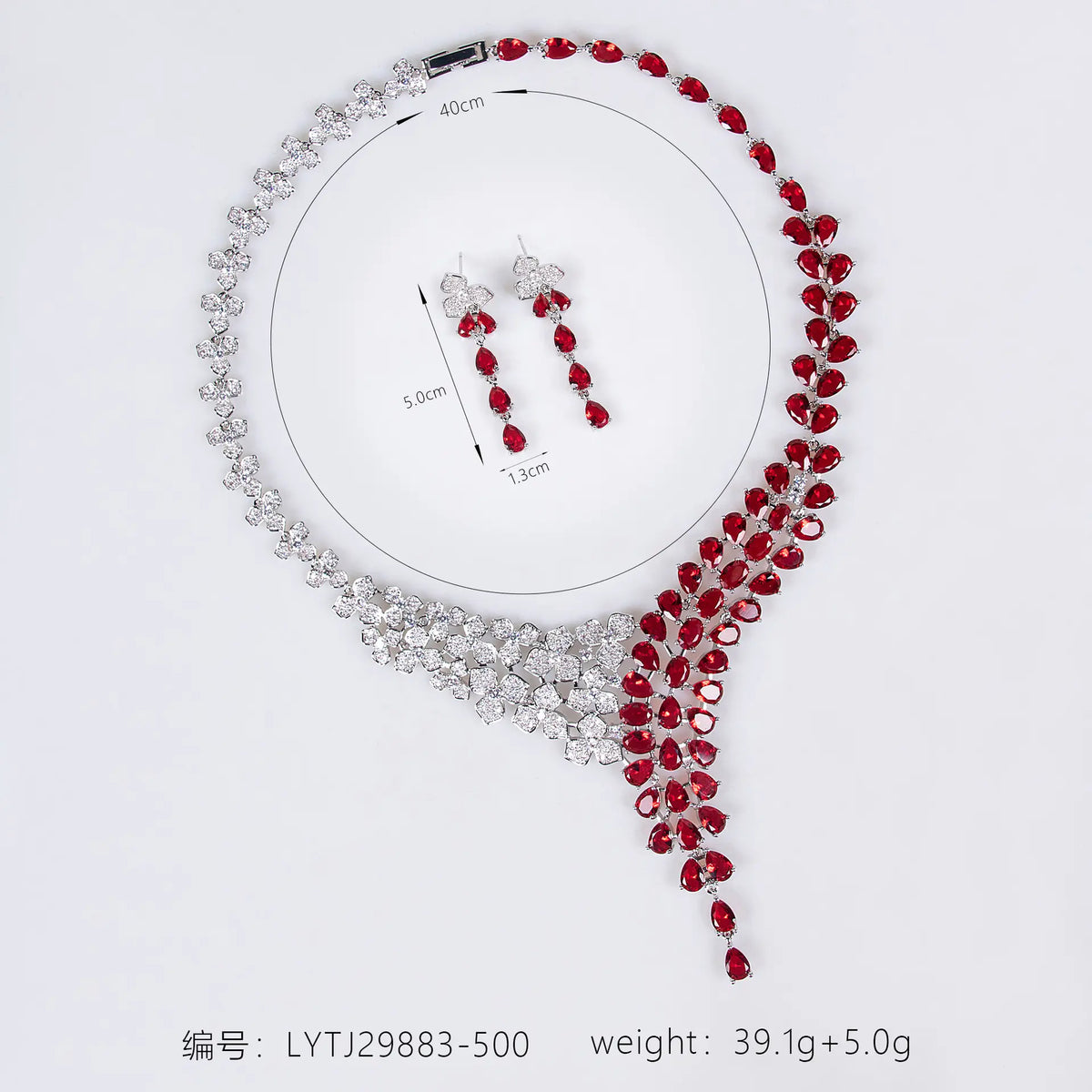 Luxury Ruby Red Crystal Necklace and Earrings Jewelry Set