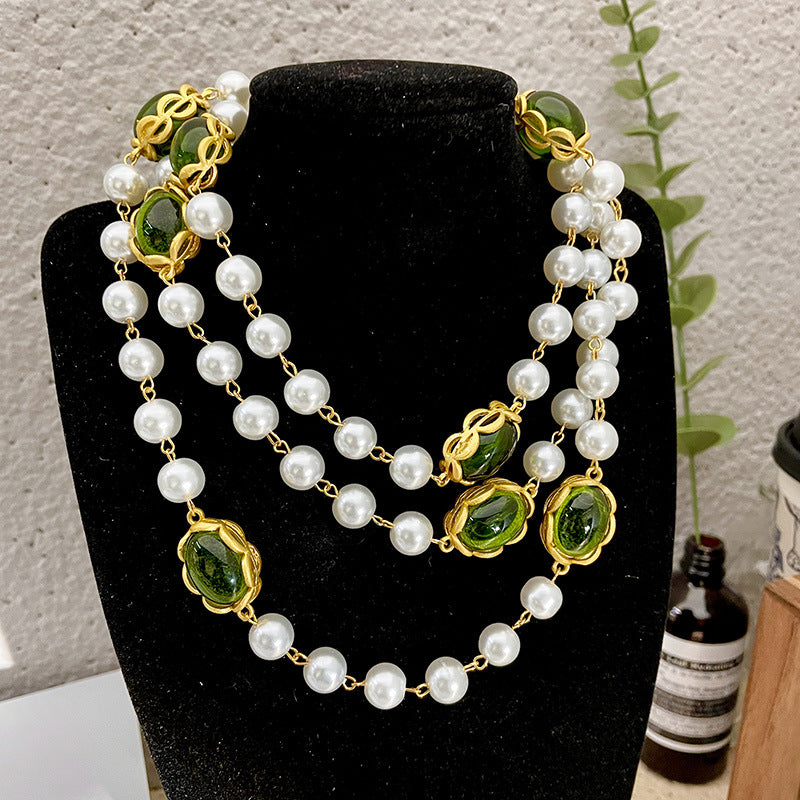 Vintage green glazed pearl necklace