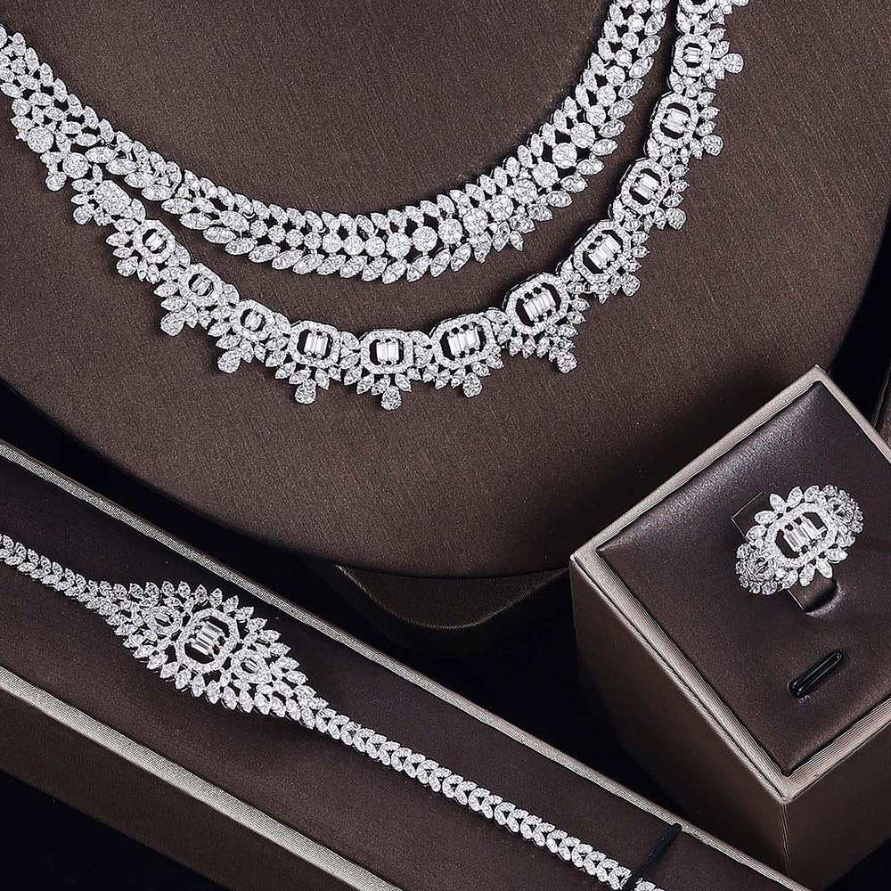 Luxury Silver Double Layer Crystal Jewelry Set – Necklace Earrings Bracelet Ring for Women