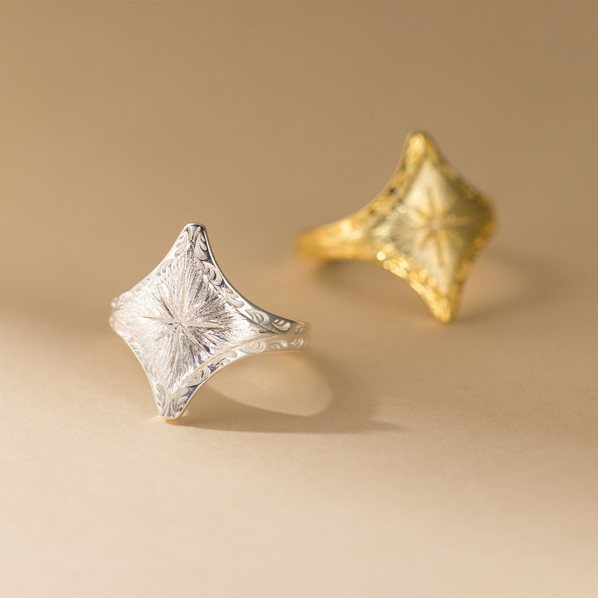 S925 Sterling Silver Vintage Brushed Four Pointed Star Ring