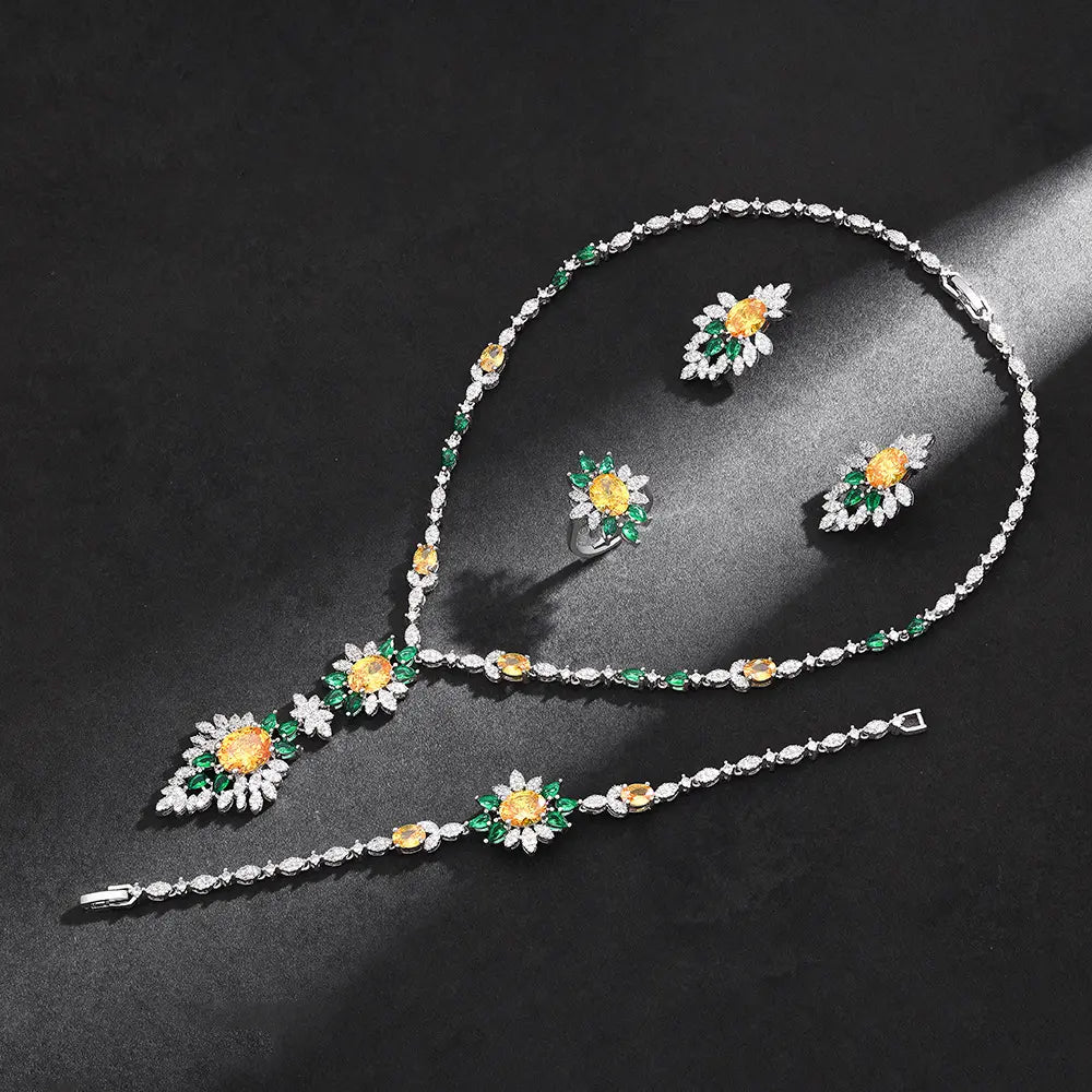 Luxury Floral Crystal Jewelry Set Orange Green Zircon Necklace Earrings Ring Silver Plated Statement Set for Women