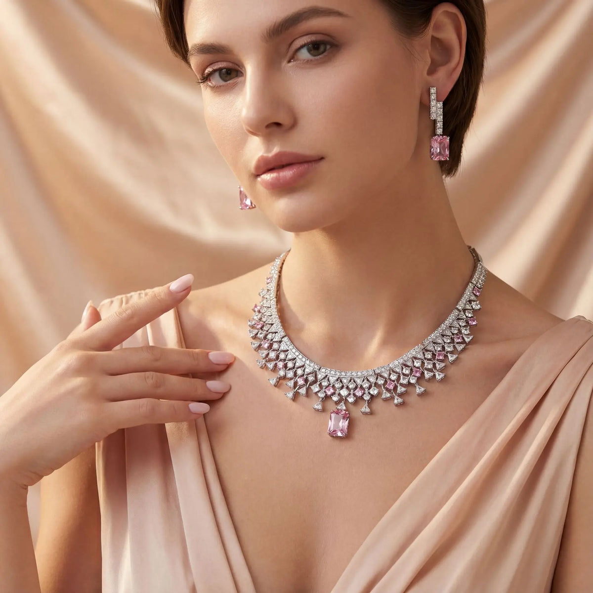 Luxuriöses smaragdgrünes Kristall-Halsketten-Ohrringe-Schmuckset für Damen